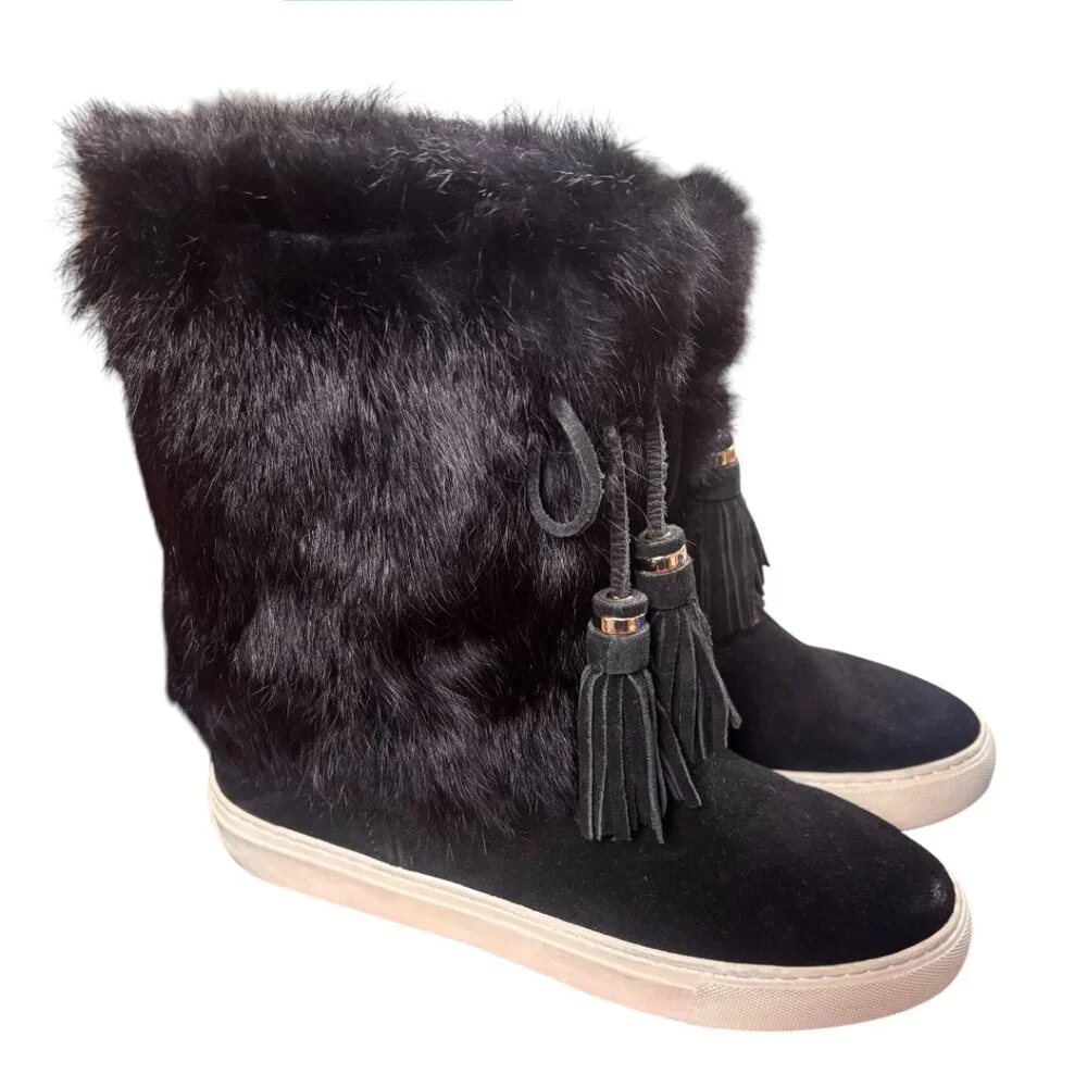 TORY BURCH‎ GENUINE FUR SNOW BUNNY TASSEL SUEDE BLACK BOOTS SIZE 7 EUC